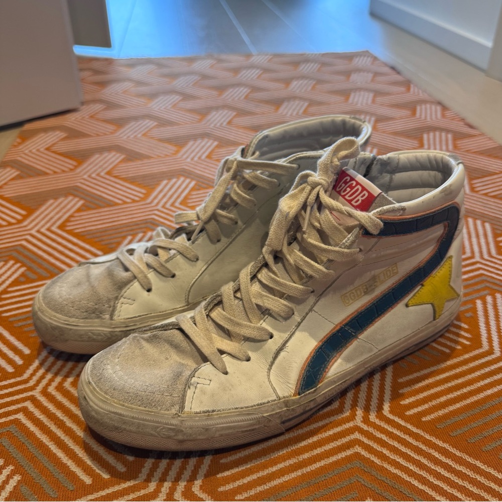Golden Goose Men’s Slide White Sneakers with Blue Stripe and Yellow Star